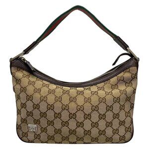 Auth GUCCI GG/Shelly 145812 Beige Dark Brown Jacquard Leather Handbag